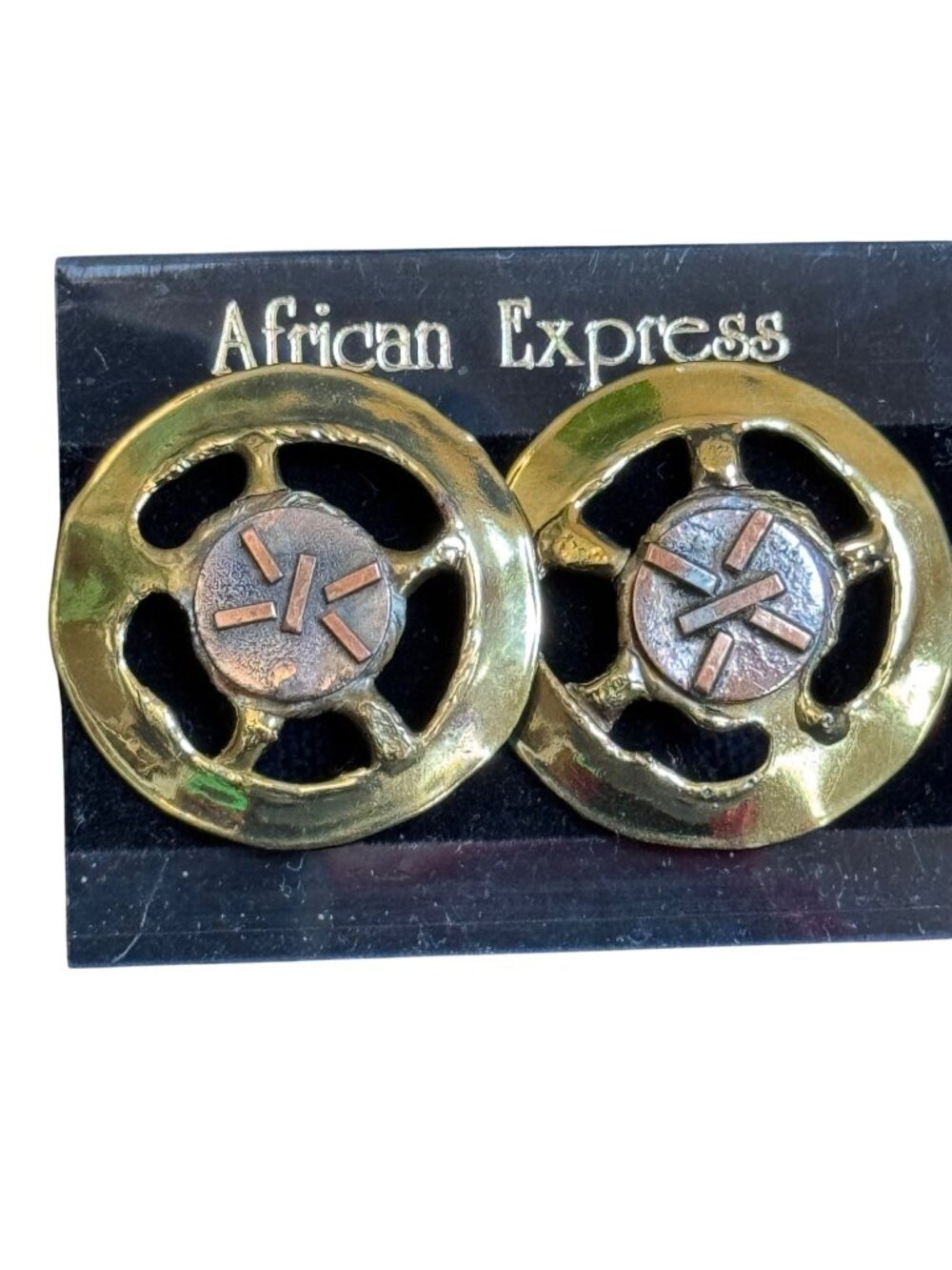African Express Handmade Copper & Brass Earrings With Abstract Wheel Design